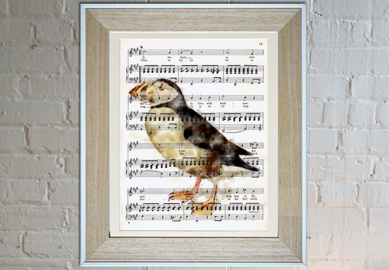 The Puffin - Digital Art on the Original Vintage Music Sheet Page