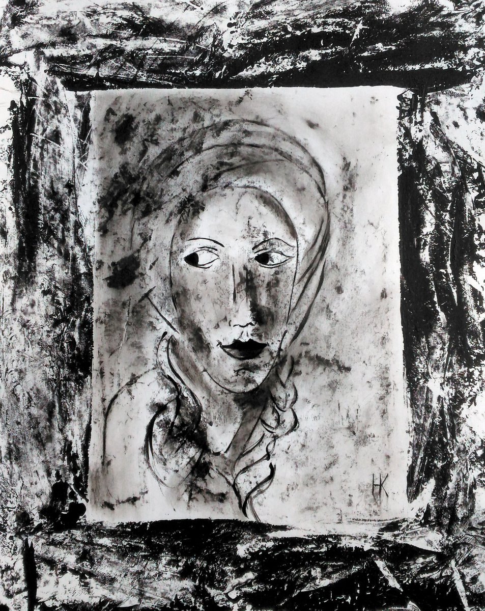 Female portrait black monochrome artwork original oil monoprint on paper Girl in turban by Halyna Kirichenko