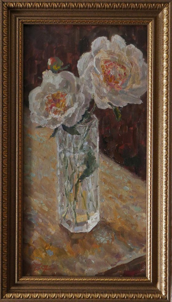 Peonies In The Glass - peonies still life painting