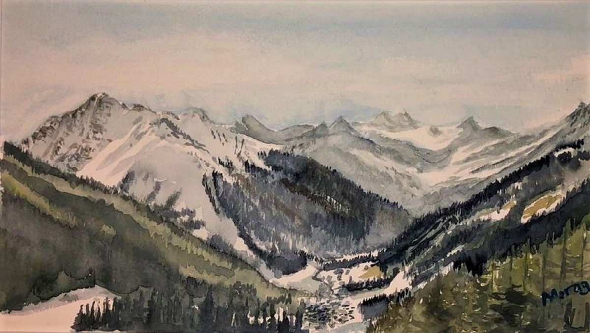 Impressionistic Landscape Watercolour By Morag Paul, 18 X 9", Sunny Peaks, Stubai Valley, Original Artwork