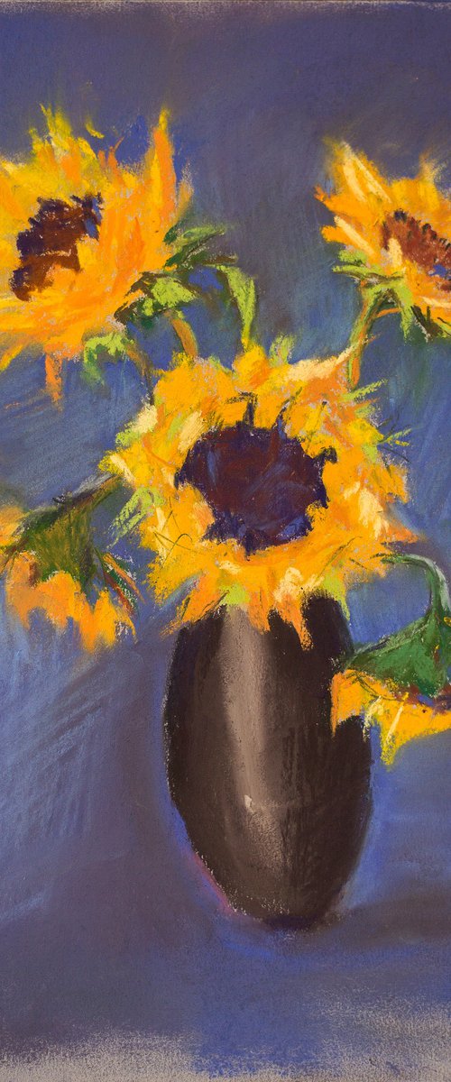 Sunflowers on a blue background. Small dry pastel drawing bright colors original art by Sasha Romm