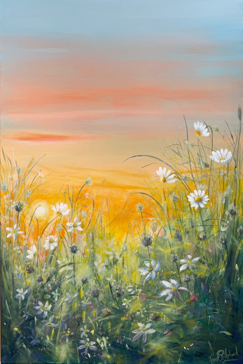 Impressionistic Botanical Acrylic Painting By Emma Sian Pritchard, 24 X 36, Golden Meadow At Dusk, Original Artwork