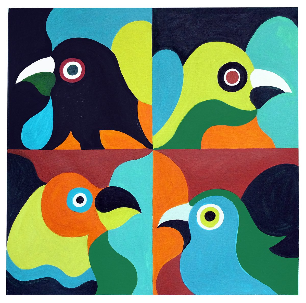 Graphic Acrylic Painting , Roosters_Heads-Haiti-04 By Andre Baldet, 13 X 13, Artwork For Sale On Artfinder