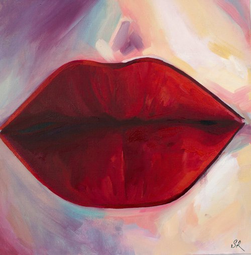 CHANEL LIPS - oil painting, original gift, girl, red, red trunks, ass, office decor, home interior by Sasha Robinson