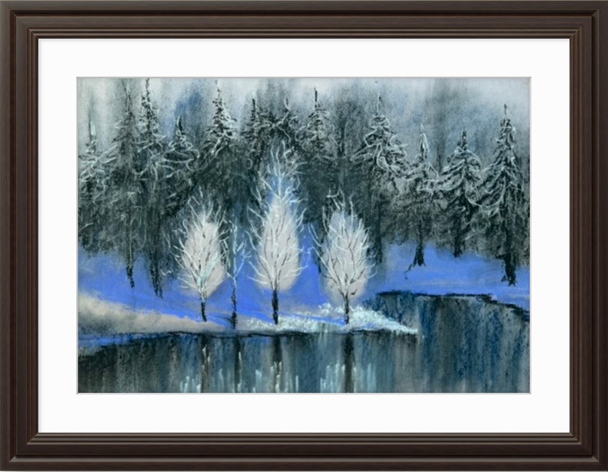 Expressive Landscape Pastel Drawing By Yuliia Sharapova, 20 X 16", Frost On The Trees, Original Artwork