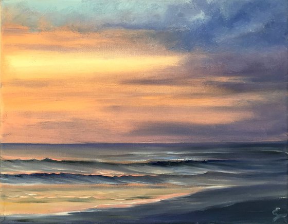 Seascape in Amber, sunrise painting