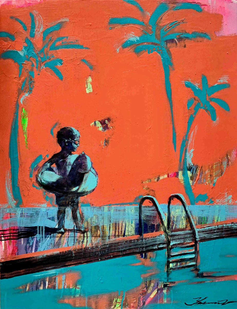 Bright summer painting - Small swimmer - Pop Art - Pool - Palms - Landscape - California... by Yaroslav Yasenev