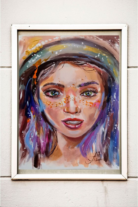 Colorful portrait with a girl. Original oil painting