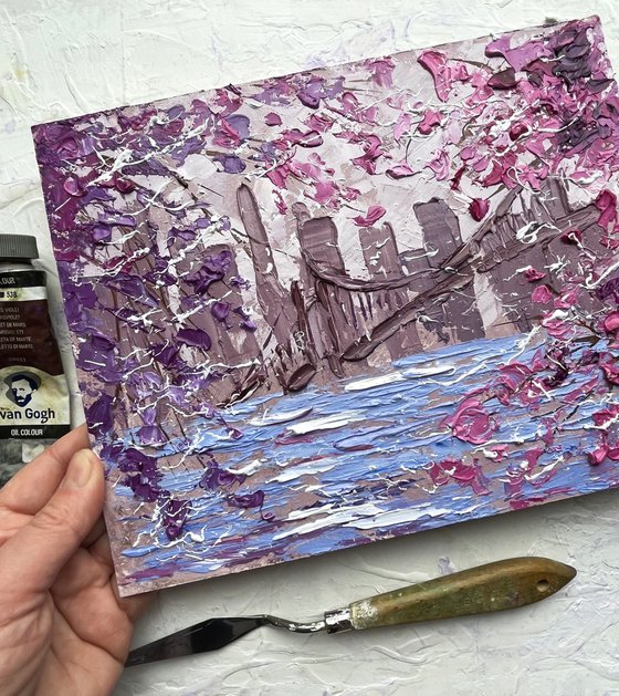 New York Painting Cityscape Original Art NYC Small Oil Impasto Cherry Blossom Tree Artwork Home Wall Art 10 by 8" by Halyna Kirichenko