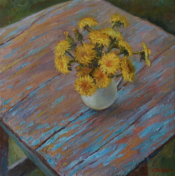 Dandelions. Original Spring Floral Still Life. Oil Painting on canvas, gift, wall art, interior art, interior design, pop, stylish art, impressionist, present