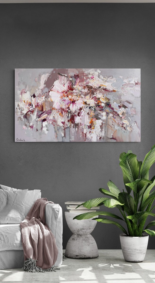 Organic Abstract Oil Painting By Anastasiia Valiulina, 47 X 28, Abstraction White Flowers, Original Artwork