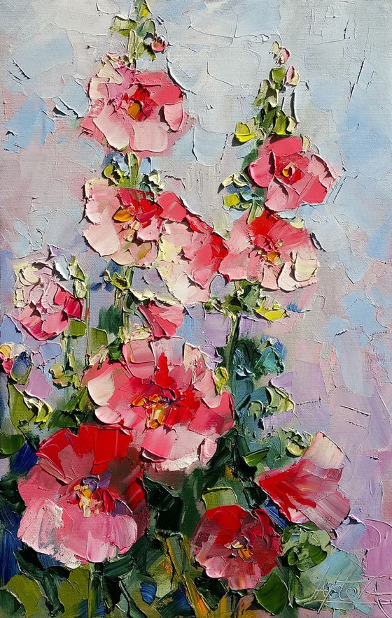 Pink flowers mallows - plants painting, flower, flora - original oil impasto artwork