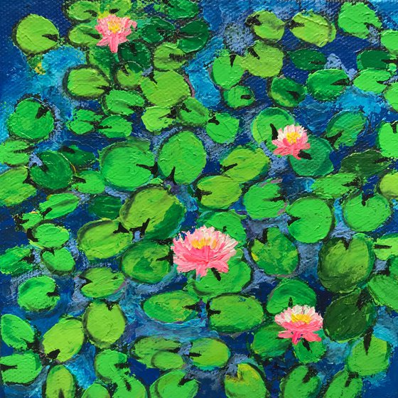 Pink Water lilies -1 !! Blue textured Art   !! Miniature !! Office Decor!! Small Painting!! Floral Art