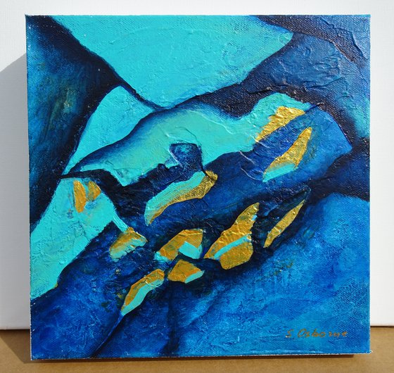 Small Blue and Gold Abstract Landscape Painting #1. 25x25cm. Small Abstract Seascape