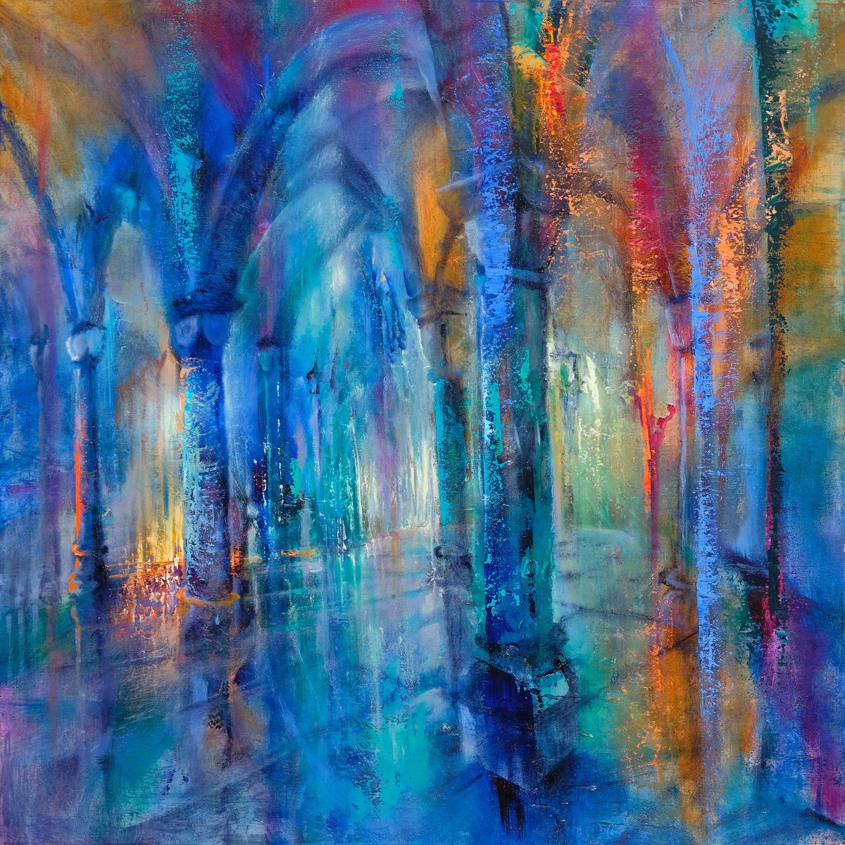 Impressionistic Cityscapes Oil Painting By Annette Schmucker, 31 X 31, Hypostyle Hall, Original Artwork