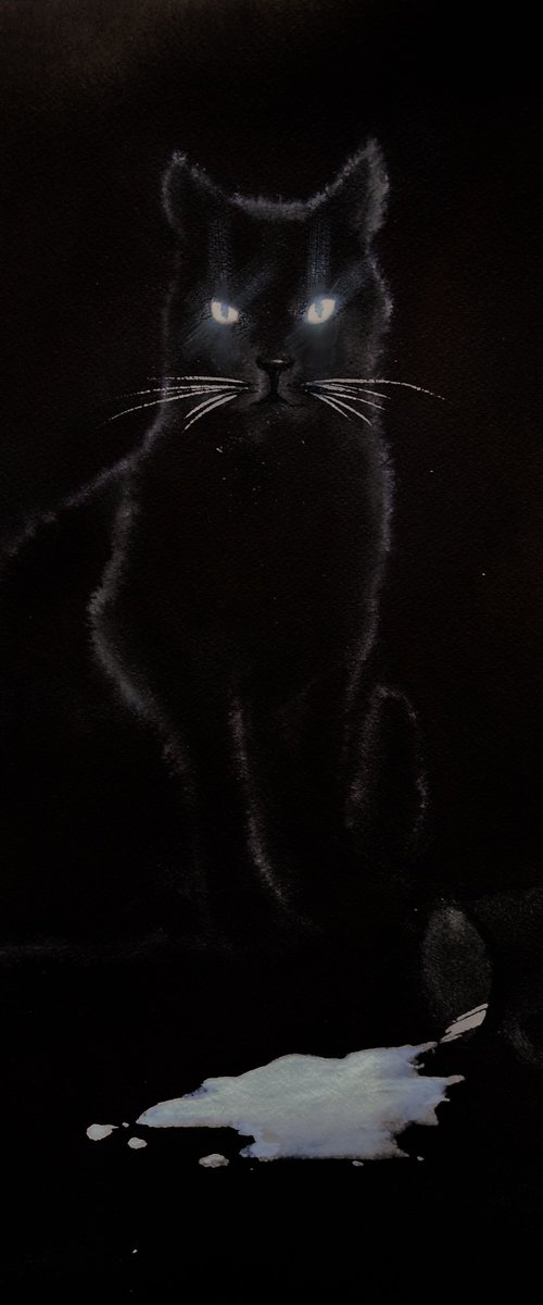 Black Cat and Milk by Olga Beliaeva Watercolour