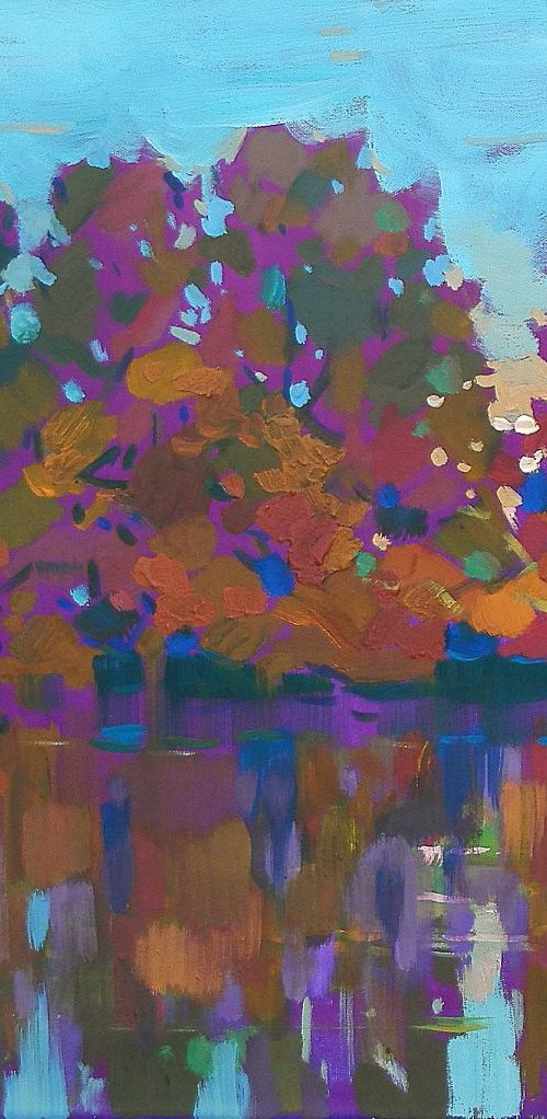 Dawn. Trees by the river, 70x60 cm by Sergey  Kachin