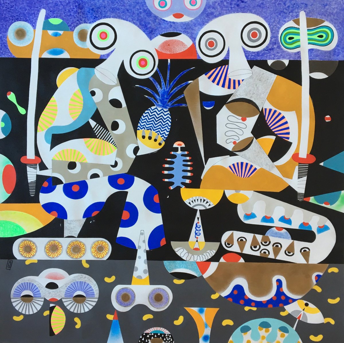 Expressive Abstract Acrylic Painting By Frantisek Florian, 43 X 43, Kampala Samurais, Original Artwork