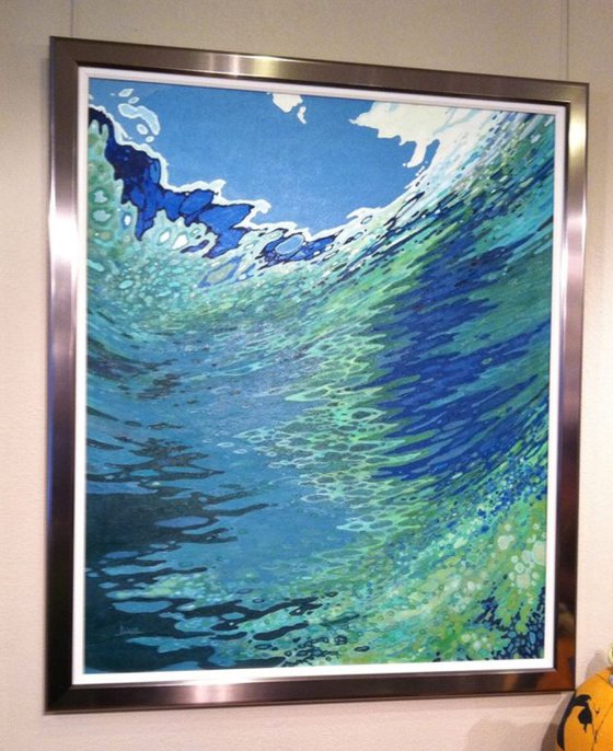 Under A Clear Sky, Splice of an Ocean Wave HUGE Painting Lined & Framed 40 x 47"