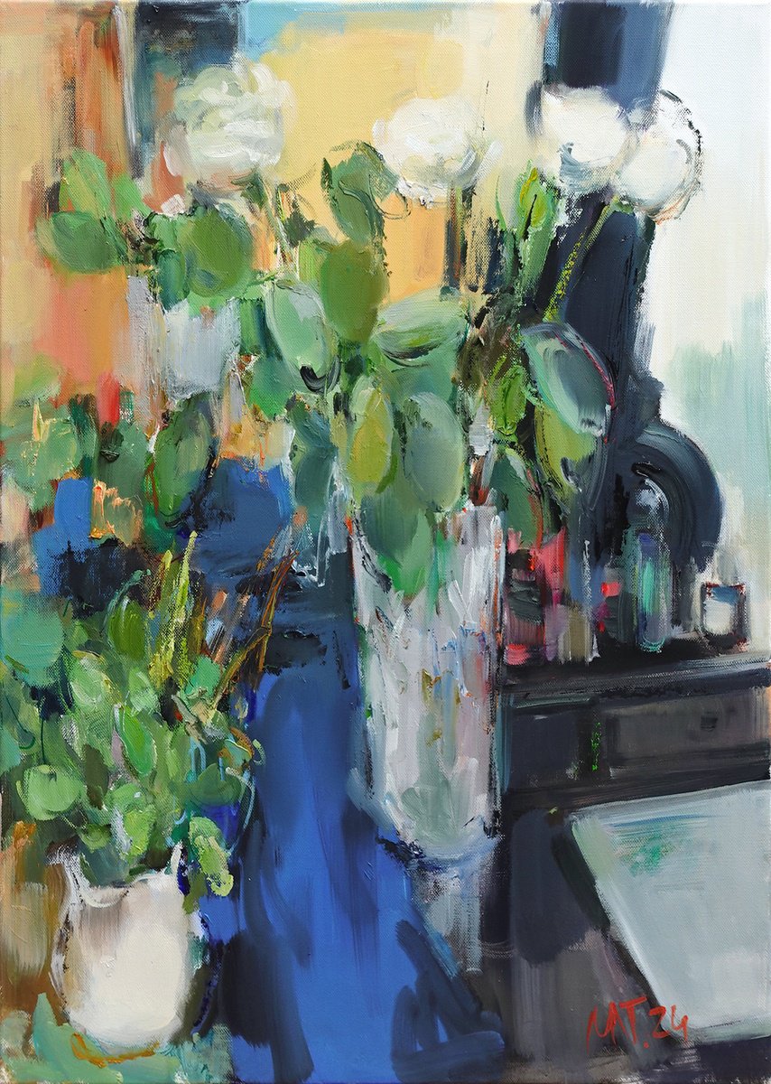 Expressive Still Life Oil Painting By Nelina Trubach-Moshnikova, 20 X 28", White Roses, Original Artwork