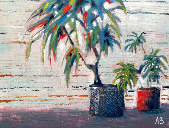 Palmtree on the windowsill - gouache painting