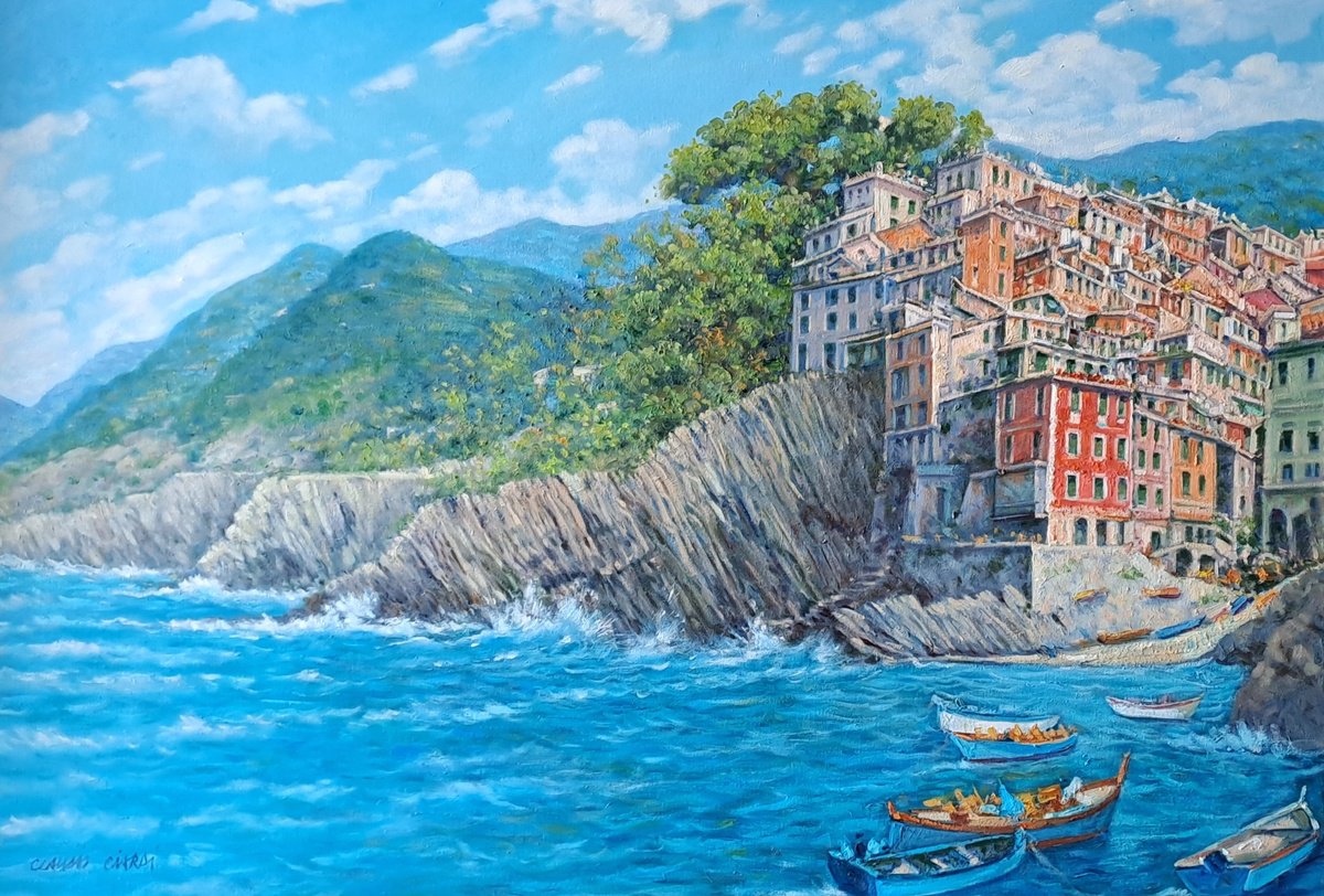 Impressionistic Landscape Oil Painting By Claudio Ciardi, 39 X 27, Riomaggiore, Original Artwork