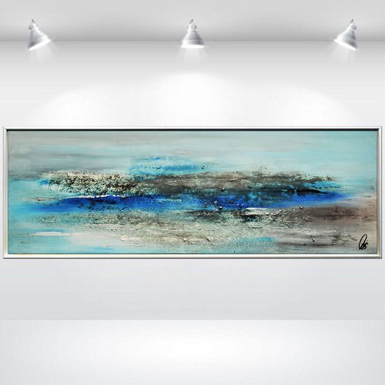 Memories  - abstract acrylic painting, canvas wall art, blue brown white, framed modern art