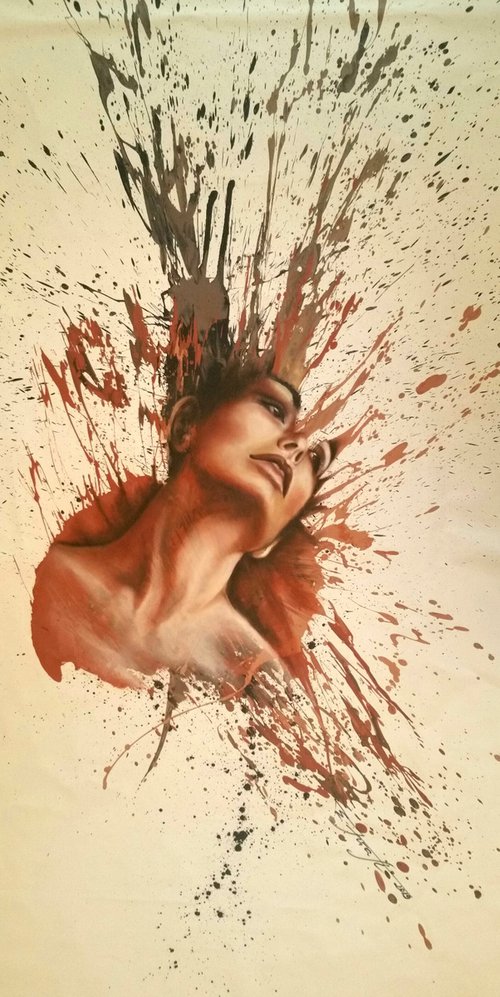 "Beautiful Trauma" 165x85, original  oil and acrylic large painting on fabric. by Elena Kraft