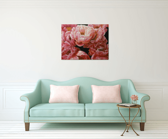 Red peonies on dark background