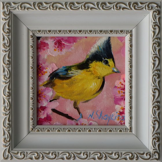 Bird painting original, Miniature painting 4x4 in, 10x10 cm, Xmas Gift for Mom, Happiness painting