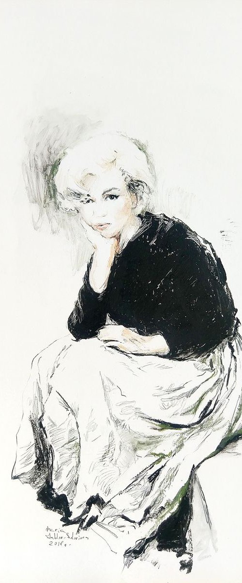 Sitting Marilyn Monroe - 14x19in contemporary minimalistic mixed media drawing by Daria Yablon-Soloviova