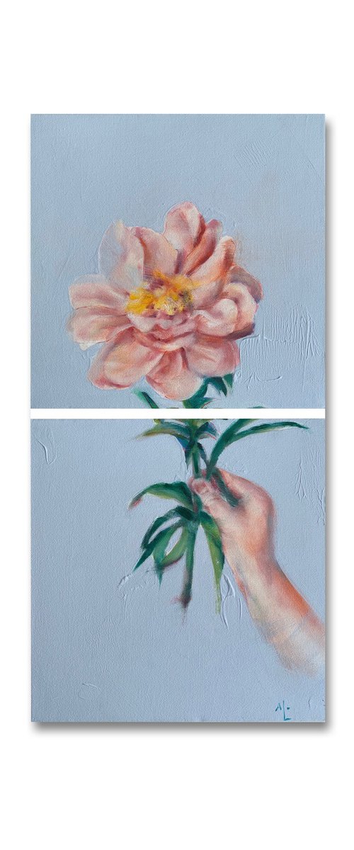 Hand with a peony in pastel and calm colors on background by Alina Lobanova