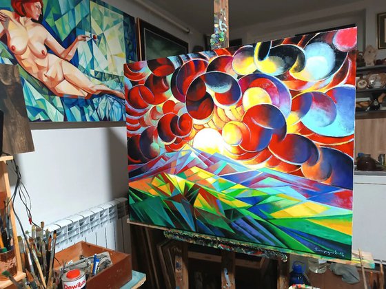 Sunset (100x80cm, cubism, oil painting)