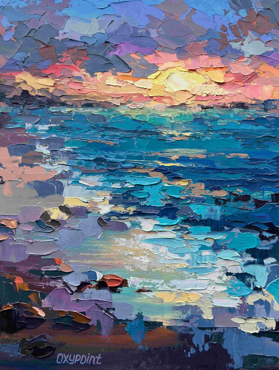 Impressionistic Landscape Oil Painting By Oxypoint, 9 X 12", ""Sea Sunset" Seascape, Original Artwork