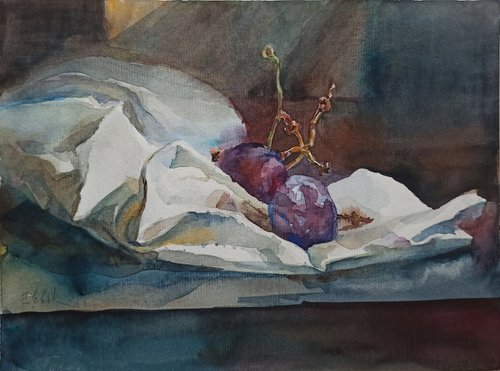 Grapes on a white towel by Irina Bibik-Chkolian