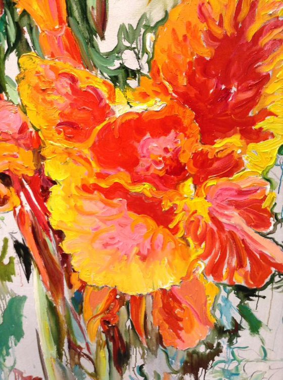 IRISES - Easel - XL Large Oil Floral Painting - original wall sized orange yellow colours - interior decor 180x120