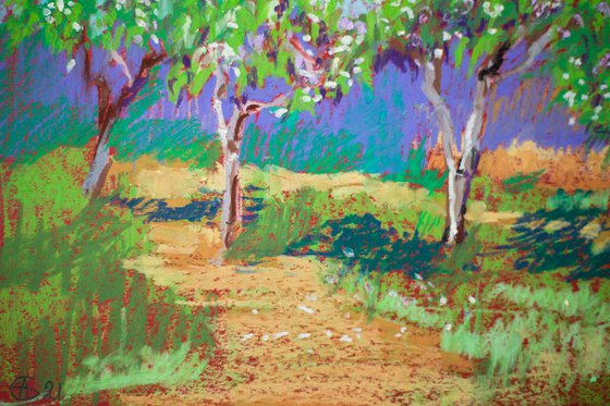 Apple garden. Sunny urban natural impressionistic landscape. Medium size oil pastel impressionistic interior painting travel decor Spain Madrid