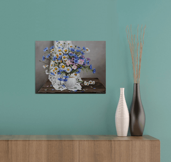 White Blue Flowers Painting