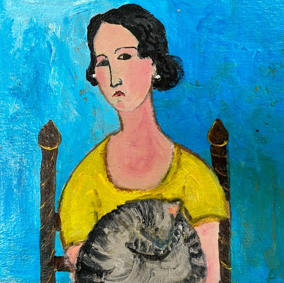 Woman Yellow Dress Tabby Cat