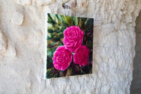 Three roses - small size floral painting - 30X30 cm Pink magenta green garden still life interior decoration home design affordable art