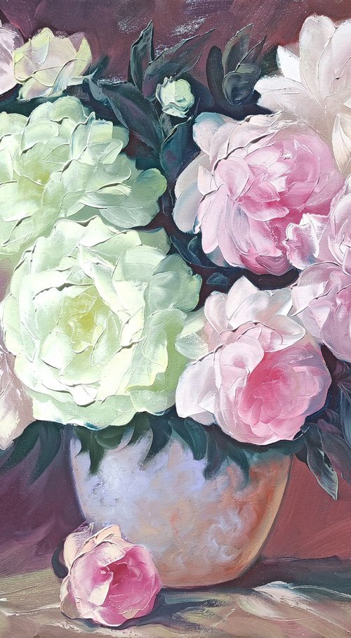 Peonies in vase (60x80cm, oil painting, palette knife) by Kamo Atoyan