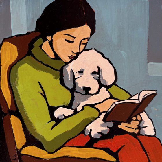 Woman Reading to Dog - Original Art 8x8 inch