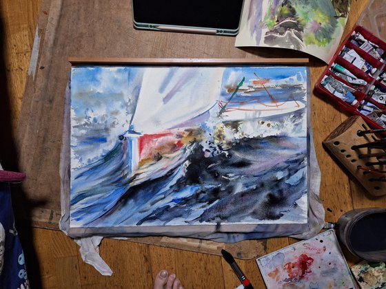 «Cutting the waves» (yacht in watercolor)