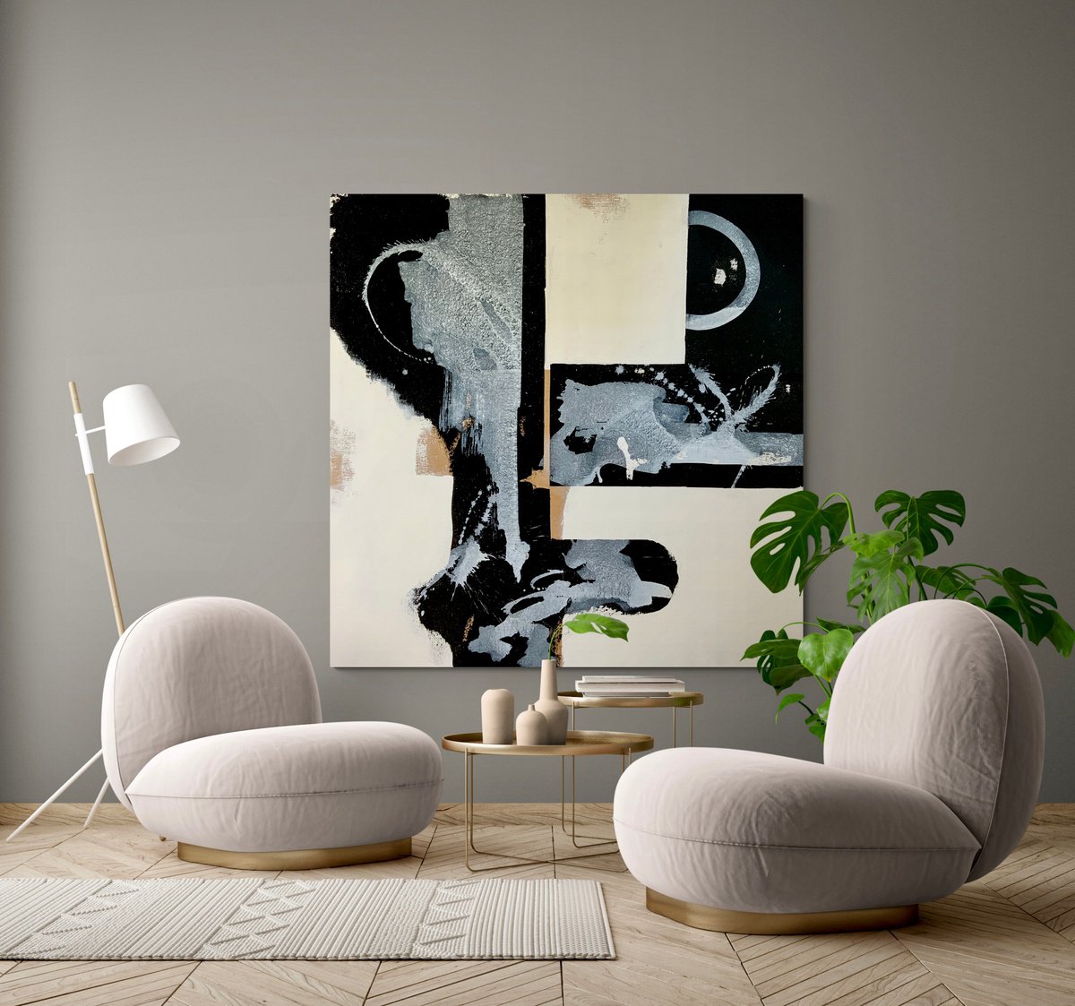 Abstract Acrylic Painting By Anita Kaufmann, 59 X 59, Abstraction Black White 2722, Original Artwork