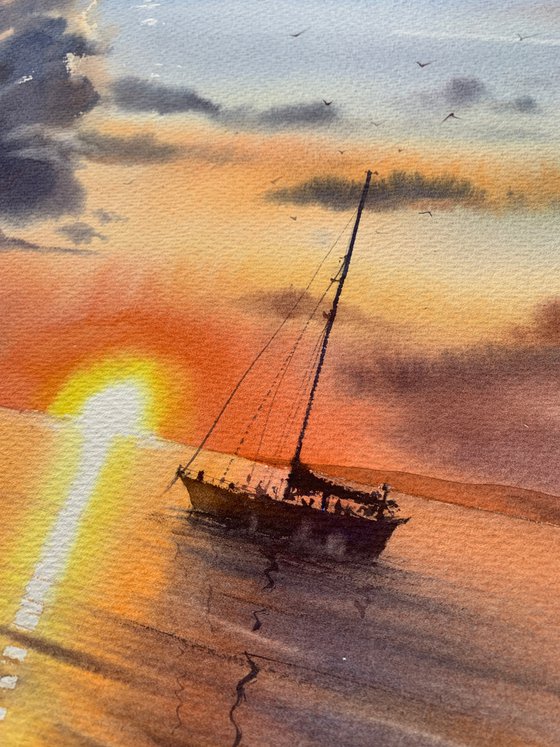 Sailing yacht and fire sunset #3