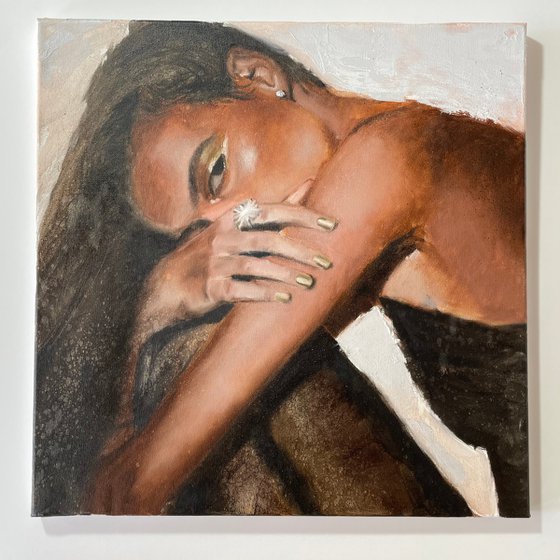 Kneeled party girl diamon sneak peek black dress oil painting on canvas