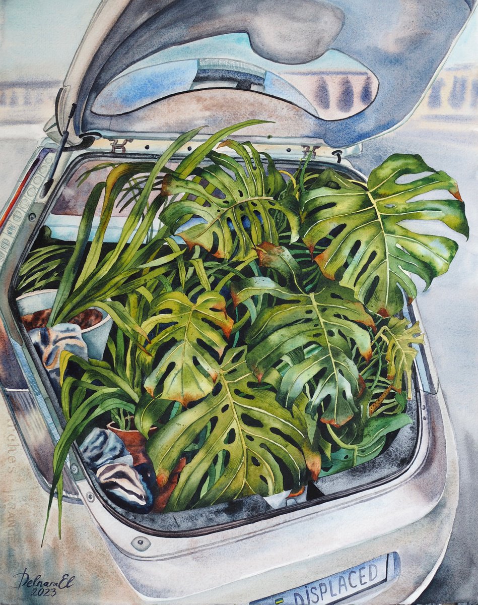 Impressionistic Botanical Watercolour By Delnara El, 16 X 20, Internally Displaced, Original Artwork