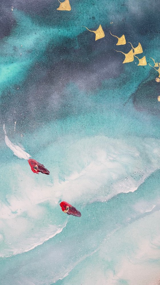 Teal Texture seascape with stingrays  1 90x60