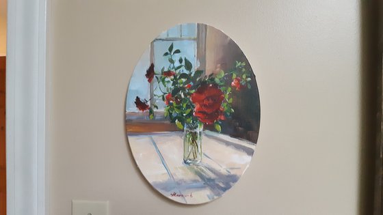 Wild roses by the window (9x12" oval canvas)