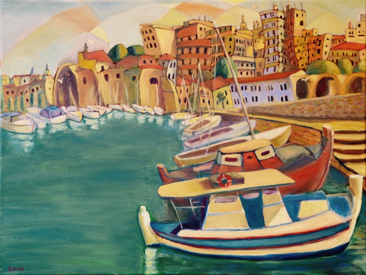 Naive Cityscapes Oil Painting By Albina Urbanek, 24 X 18, Heraklion (Grece), Original Artwork